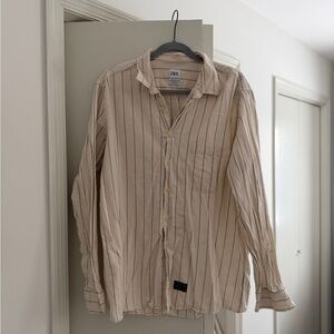 Men’s Zara Beige Button-Down Shirt with Navy Stripes